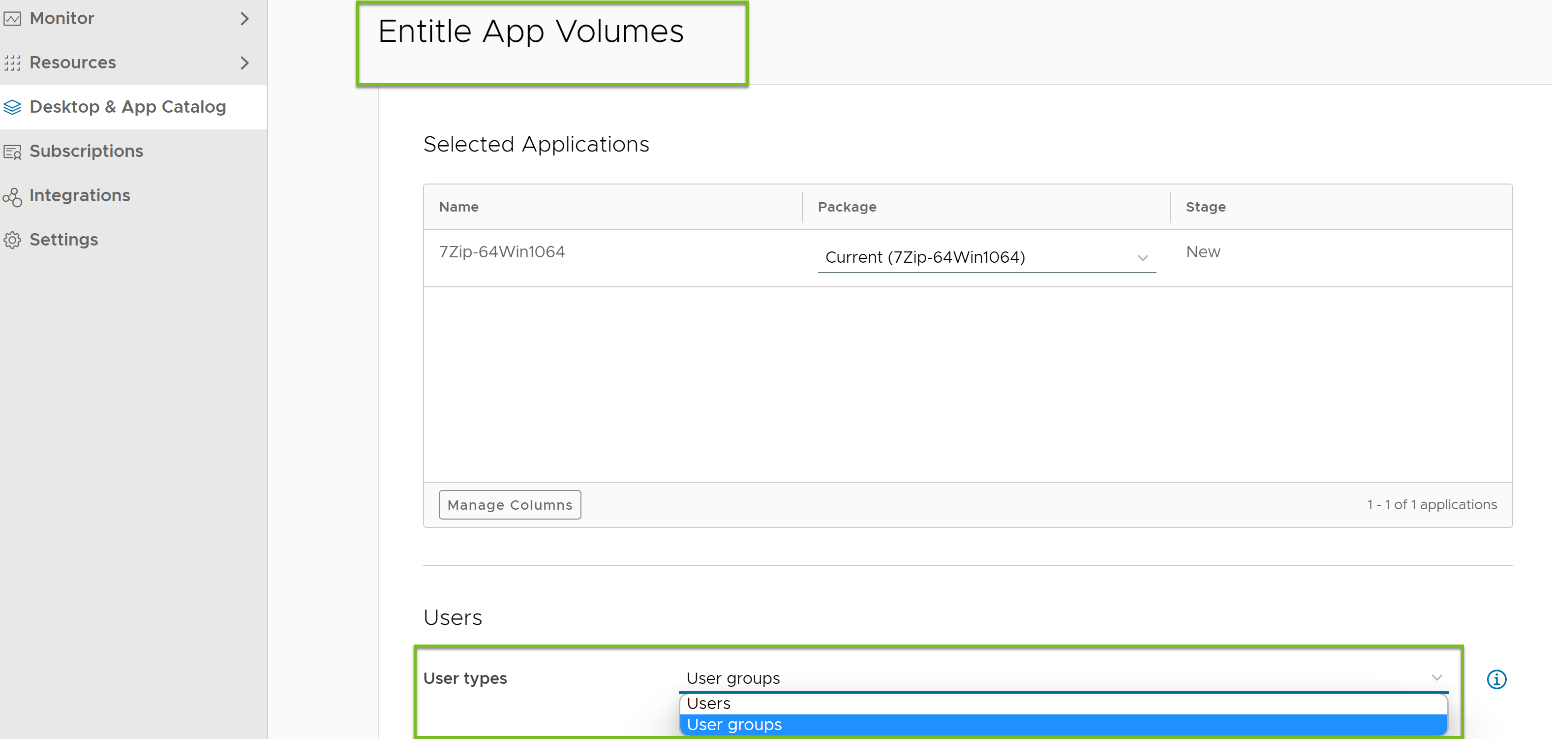 Entitle an App Volumes application to one of the user types: Users or User groups.