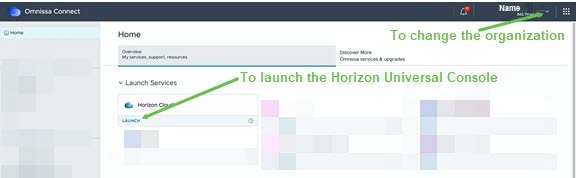 Screenshot of Omnissa Connect with the Name drop down arrow and the Horizon Cloud Launch button pointed to by arrows. Screenshot of Omnissa Connect with the Name drop down arrow and the Horizon Cloud Launch button pointed to by arrows.