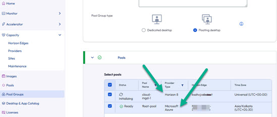 pool group with Horizon 8 and Azure types