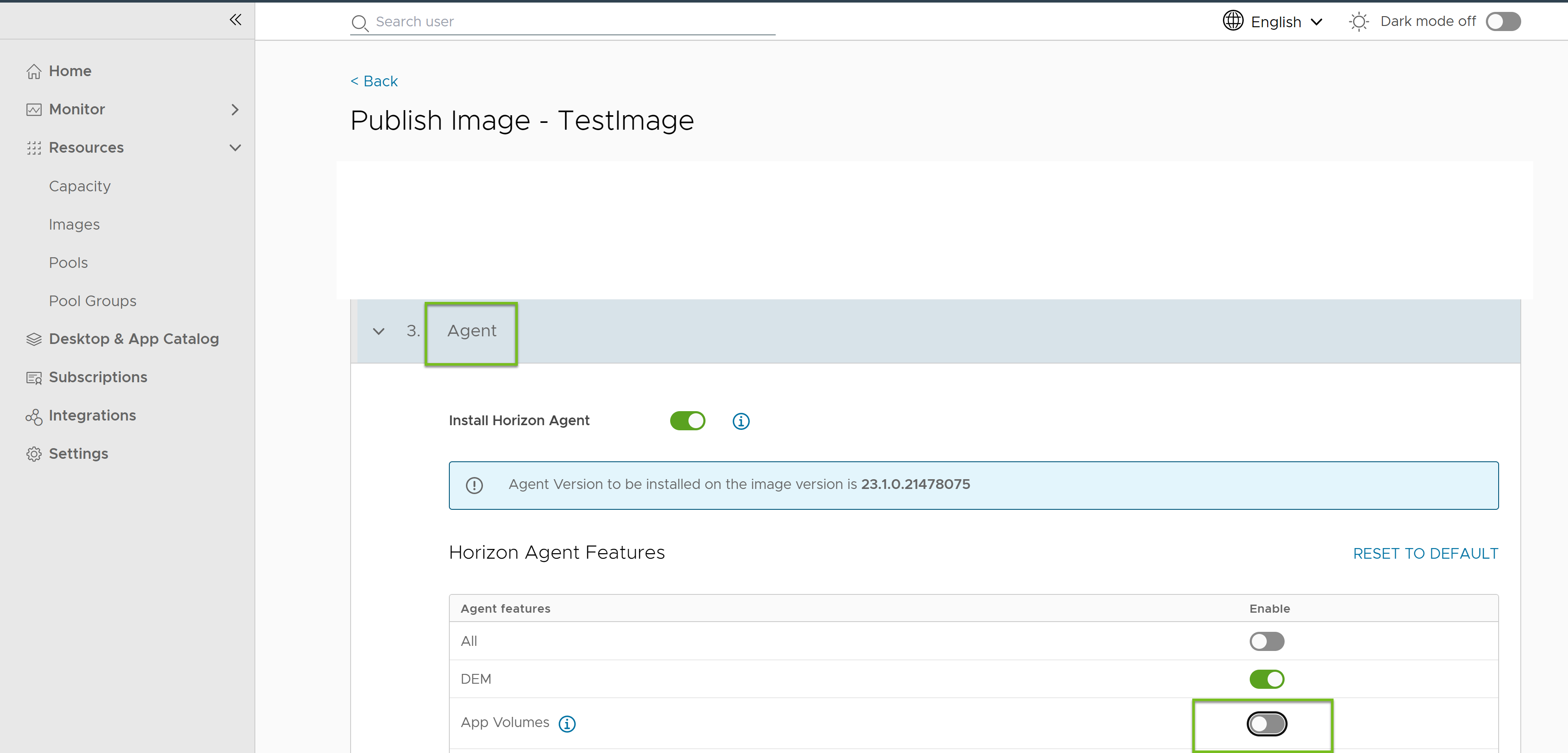 App Volumes toggle is present in the Agent window on Publish Image page.