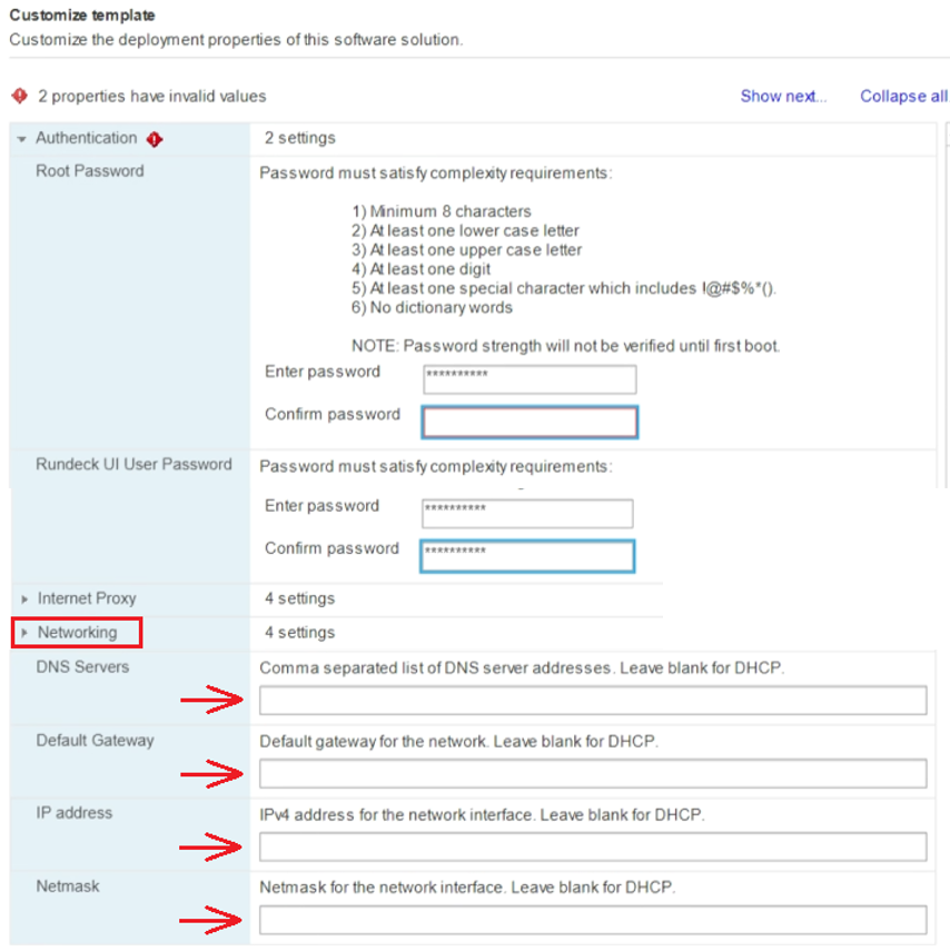 Networking Section of Customize Template Screen