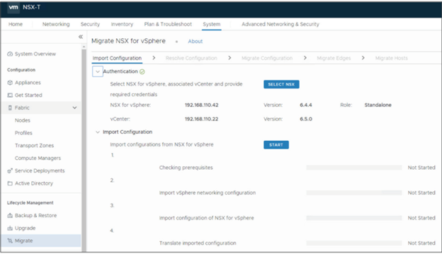 Click the Start button under the Import Configuration section to import your vCenter Server and NSX-V configurations.