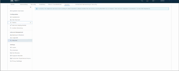 The Migrate page displays an alert when the Migration Coordinator service needs to be enabled.
