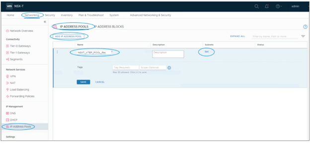 The NSX-T console provides options for adding an IP address pool.