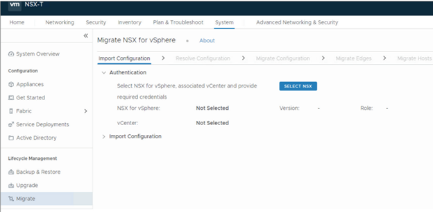 The Import Configuration step of the migration wizard prompts you to select and authenticate to your NSX-V deployment.