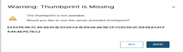 An alert message about missing thumbprints prompts you to add the thumbprint provided by vCenter Server.