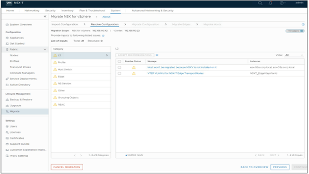 In the Resolve Configuration wizard step, categories of issues appear in the left pane and individual issues are listed in the right pane.