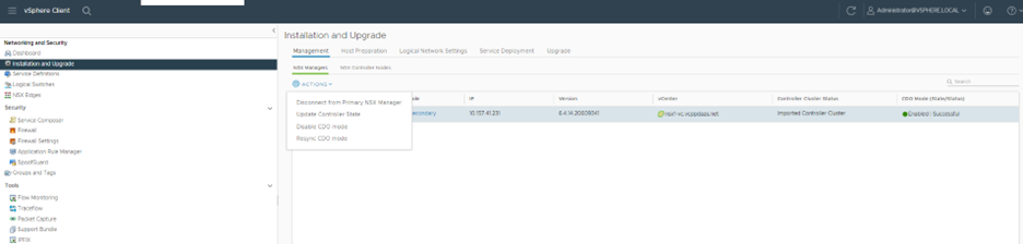 In vSphere Client, the Actions menu includes a command for disconnecting a secondary NSX-V manager.