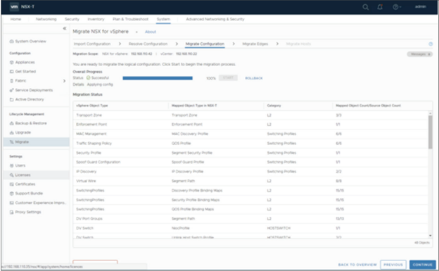 When the configurations are completely migrated, the migration wizard displays the mapping of object types from NSX-V to NSX-T.