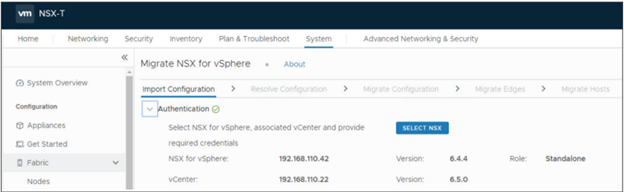 vCenter Server and NSX-V details appear on the page when authentication is successful.