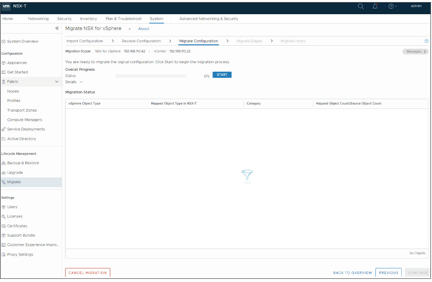 Click the Start button to begin migrating your configurations to NSX-T.