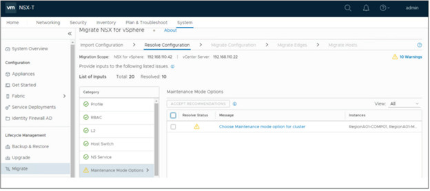 The Maintenance Mode Options category provides a way to set the maintenance mode to Automated or Manual.