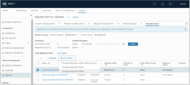 The Migrate Hosts step of the wizard provides actions for configuring the migration plan for each host.