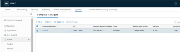 The new compute manager appears in the Compute Managers list with the associated vCenter Server.