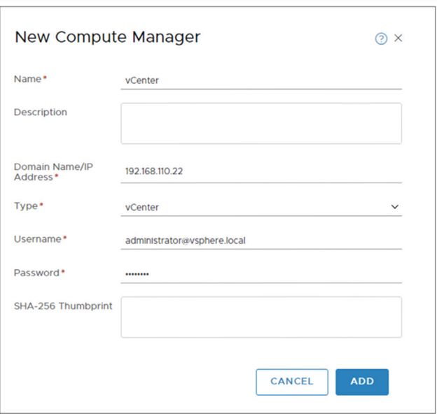 The New Compute Manager dialog box lets you attach the compute manager to a specific vCenter Server.