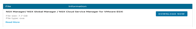 The NSX-T Data Center downloads page includes the OVA file for the NSX manager.