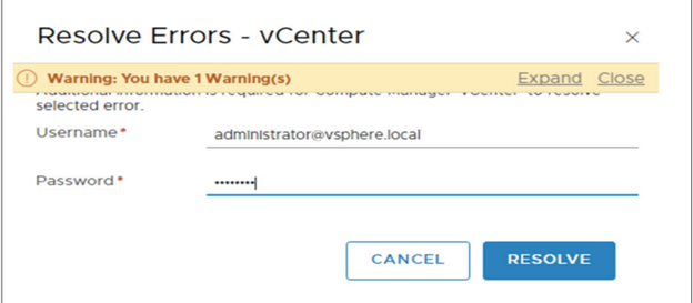 To resolve the errors, enter your login credentials for vCenter Server.