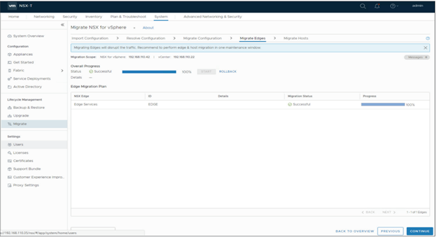 Progress bars indicate when the edge services have been successfully migrated.