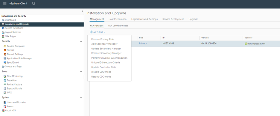 In vSphere Client, the Actions menu includes a command for removing the secondary manager role.