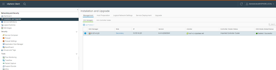 In vSphere Client, the Installation and Upgrade page includes controls for configuring NSX managers.