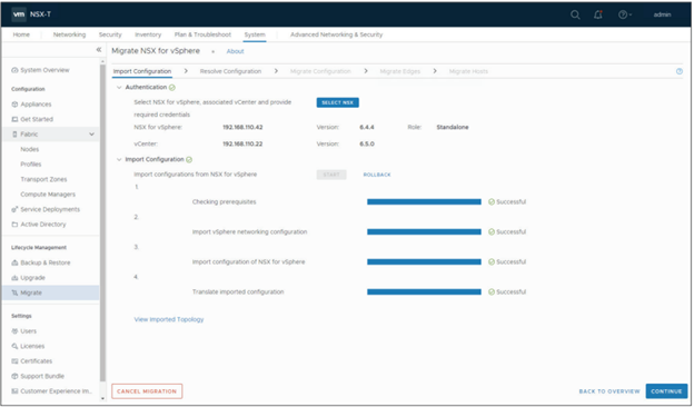 The migration wizard displays a progress bar for each configuration being imported.