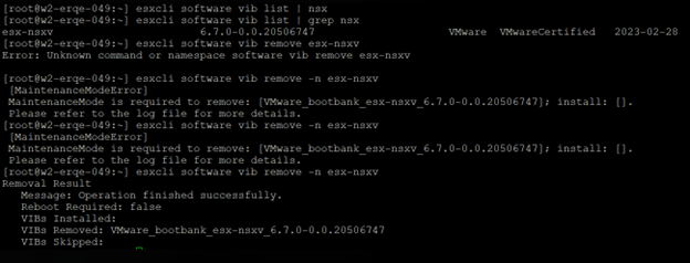 The VIB removal command returns an error if the ESXi host is not in maintenance mode. The VIB removal command returns an error if the ESXi host is not in maintenance mode.