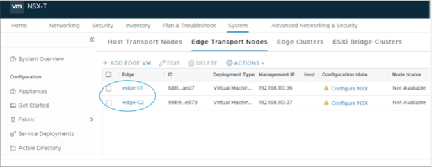 The NSX-T console provides options for adding an edge appliance VM.