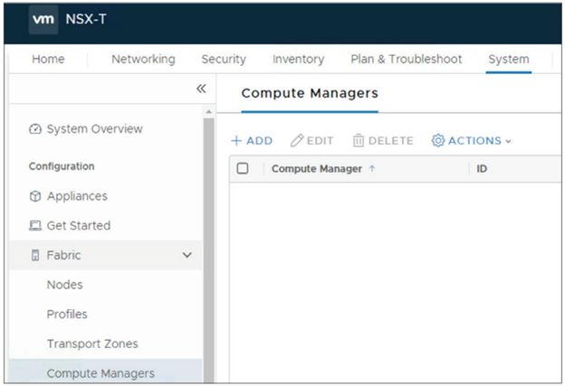 The Compute Managers page in the NSX console lets you add and configure a new compute manager.