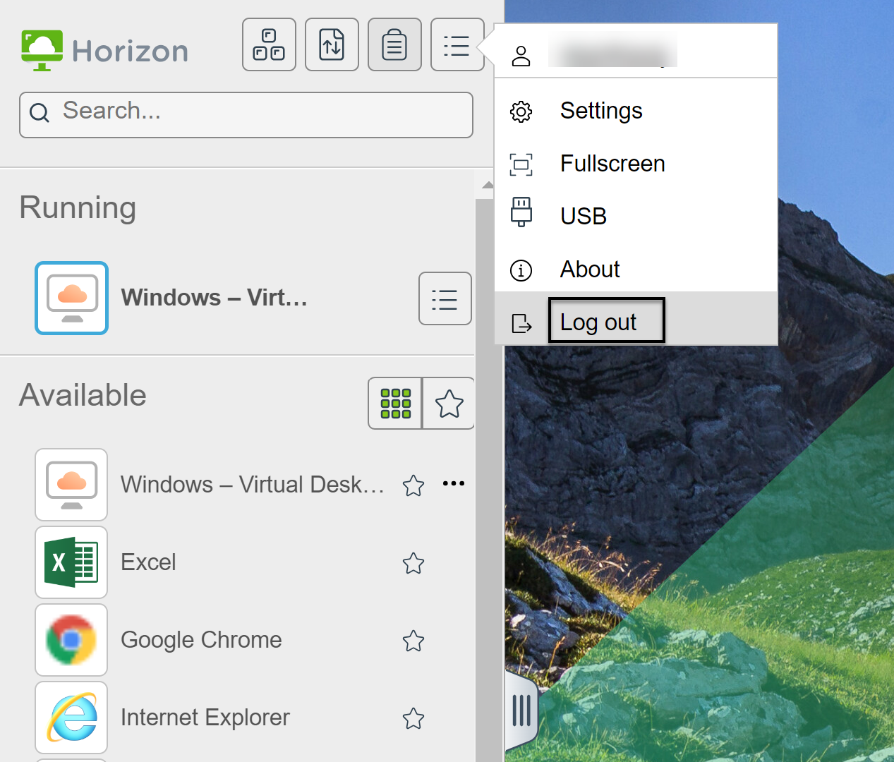 Log out toolbar button on the sidebar when connected to a remote desktop or a published application