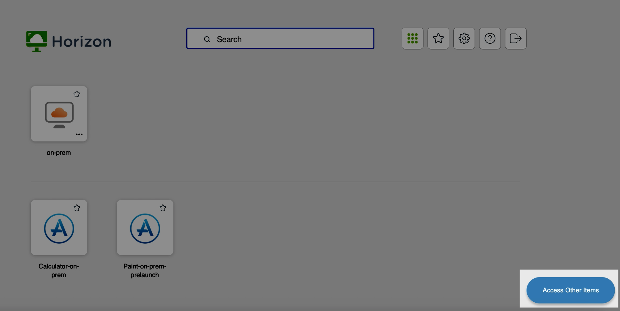 The Access Other Items button becomes available when the Horizon Cloud Entitlement On-Ramp feature is activated.