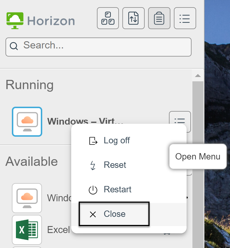 Click close to disconnect without logging off