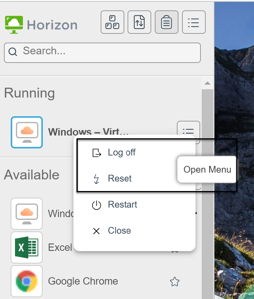 Logoff from sidebar Open menu