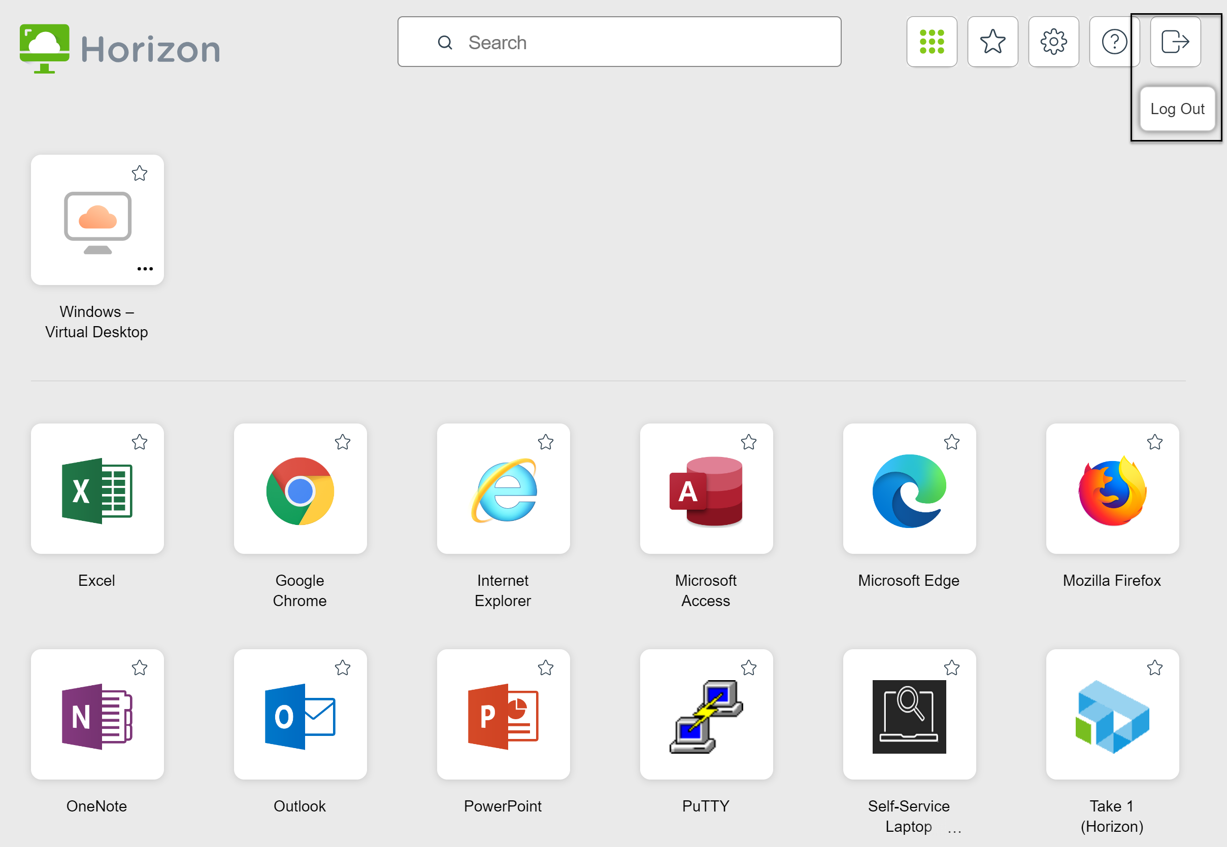 Log out toolbar button on the desktop and application selector window
