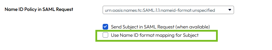 "Use Name ID format mapping for Subject"