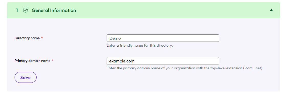 In this example, the directory name is Demo and the domain name is example.com.