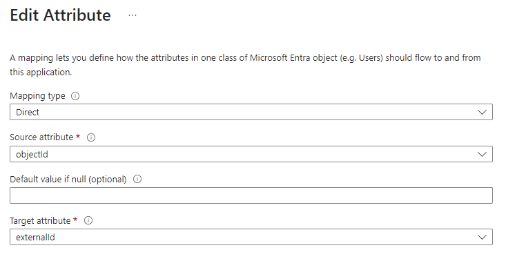 objectId is selected as the source attribute, and externalId is selected as the target attribute. objectId is selected as the source attribute, and externalId is selected as the target attribute.