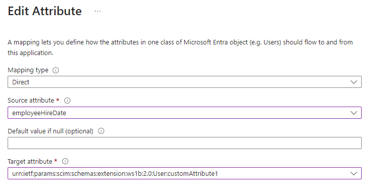 The Source attribute is employeeHireDate, and the Target attribute is the Omnissa Identity Service customAttribute1. The Source attribute is employeeHireDate, and the Target attribute is the Omnissa Identity Service customAttribute1.