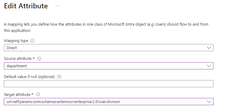 The Source attribute is department. The Target attribute is urn:ietf:params:scim:schemas:extension:enterprise.0:User. The Source attribute is department. The Target attribute is urn:ietf:params:scim:schemas:extension:enterprise.0:User.