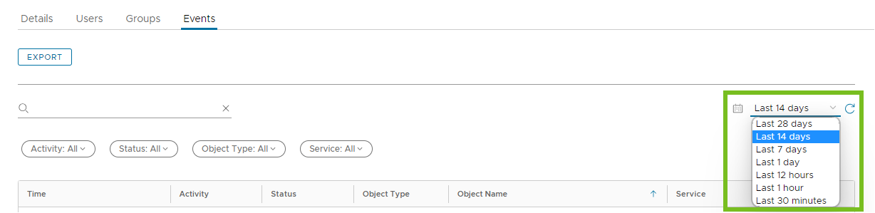 The time range drop-down is at the top-right of the Events tab. The default value is 14 days. The time range drop-down is at the top-right of the Events tab. The default value is 14 days.