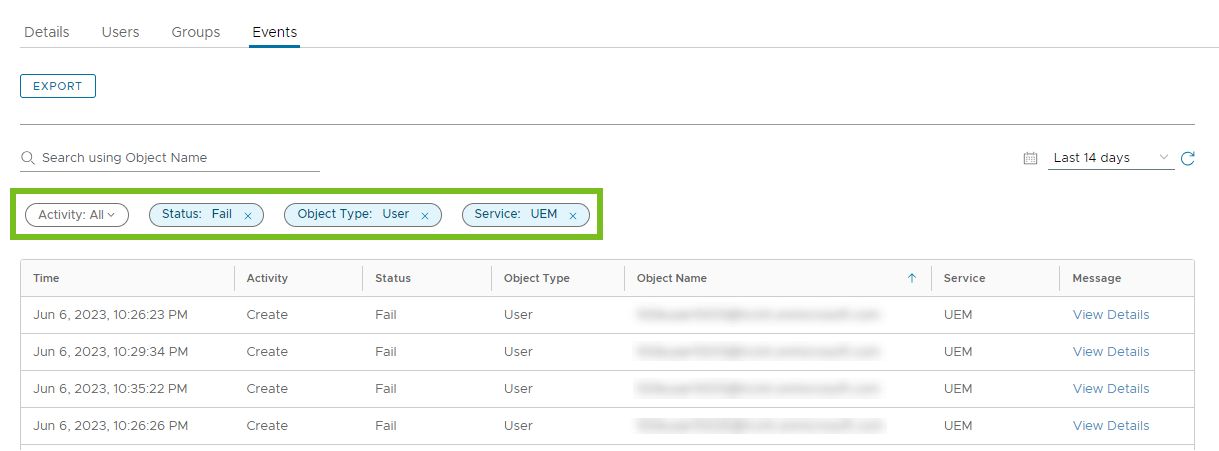 Filters applied are Status, Object Type: User, and Service: UEM. Filters applied are Status, Object Type: User, and Service: UEM.