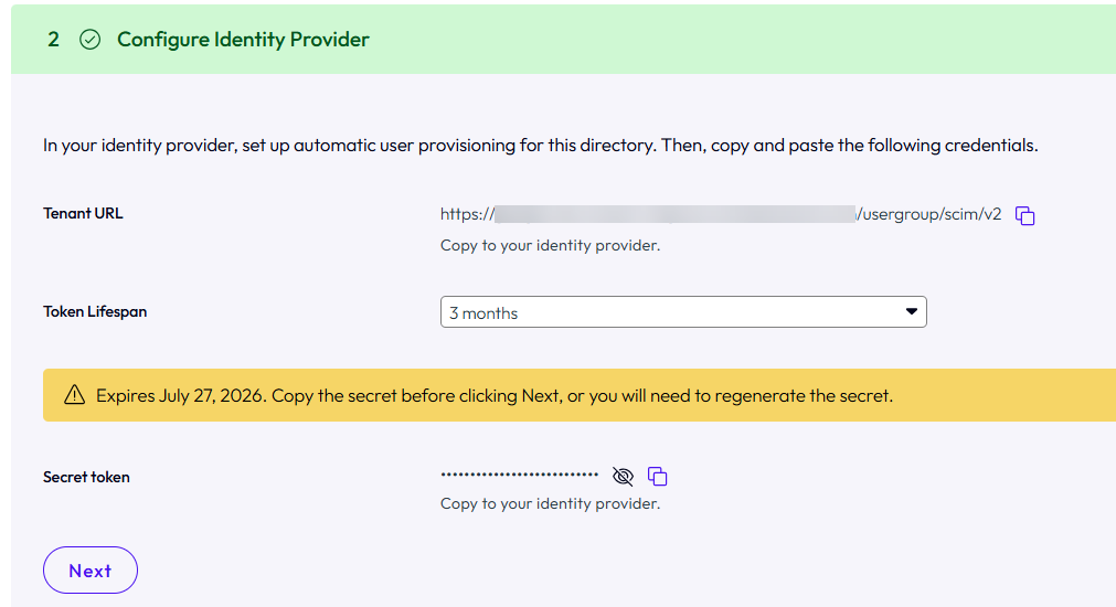 Step 2 displays a tenant URL, a token lifespan of 6 months, and a secret token.