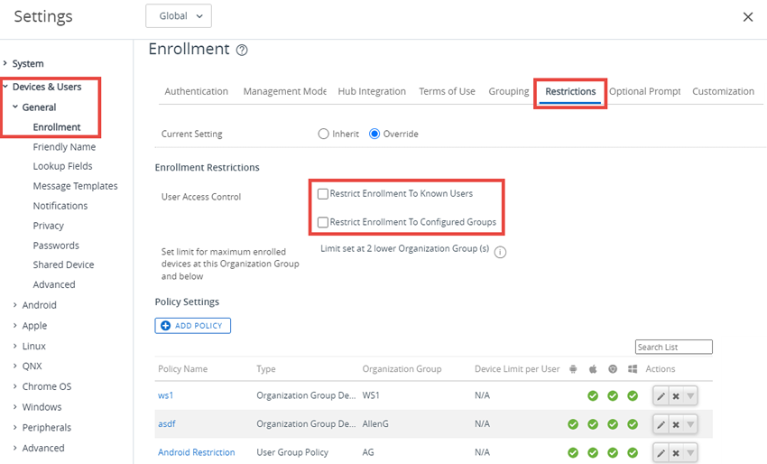 This screenshot shows the Restrictions tab on the Enrollment System Settings page, in Devices & Users, General, which lets you configure such that end users can enroll themselves into UEM.