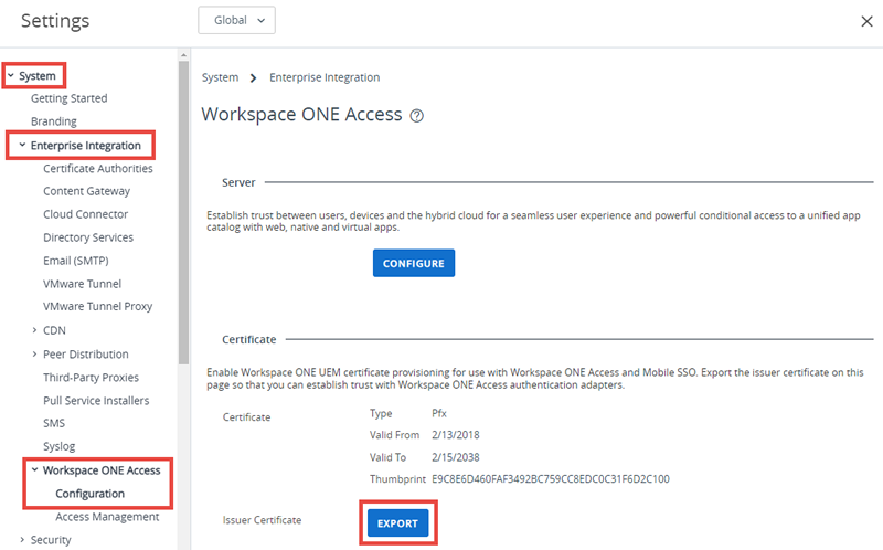This screenshot shows the Omnissa Access configuration screen in system settings under System, Enterprise Integration, which lets you enable and export the Airwatch certificate authority.