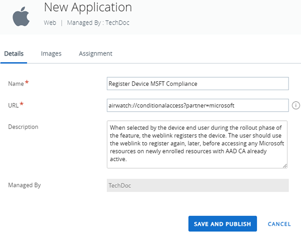 This partial screenshot shows the Details tab for adding an Apple weblink.