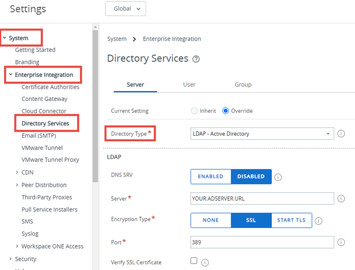 This screenshot shows the Directory Services system settings in System, Enterprise Integration, which lets you merge and sync changes between user groups for directory services and user groups in UEM.