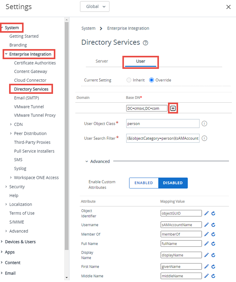 This screenshot shows the User tab on the Directory Services system settings page, in System Enterprise Integration, which lets you map directory service user info by filtering searches.