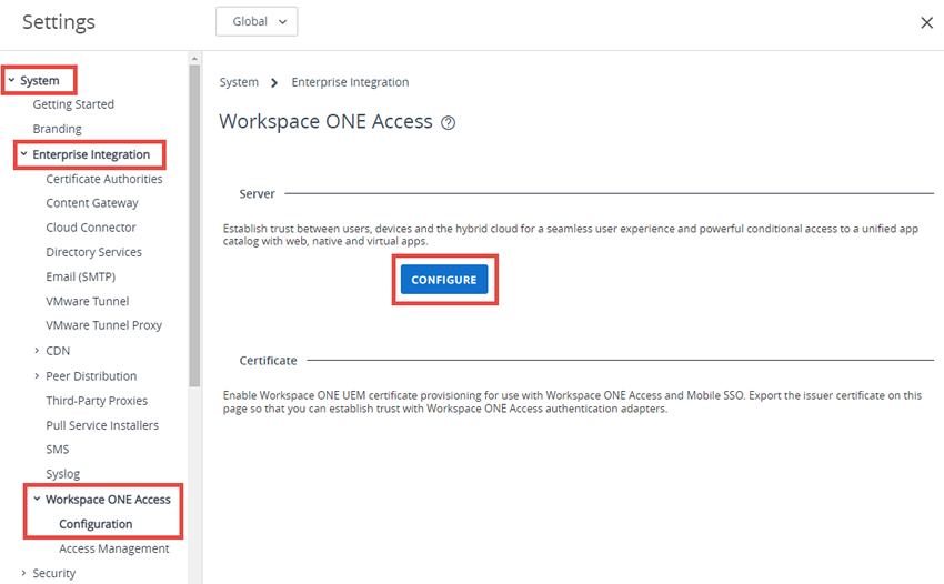 This screenshot shows the Omnissa Access configuration screen in system settings under System, Enterprise Integration, which enables you to set up Omnissa Access in your directory service.