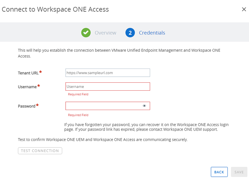 This screenshot shows the Credentials configure screen for Omnissa Access, which enables you to enter your tenant URL plus its associated username and password.