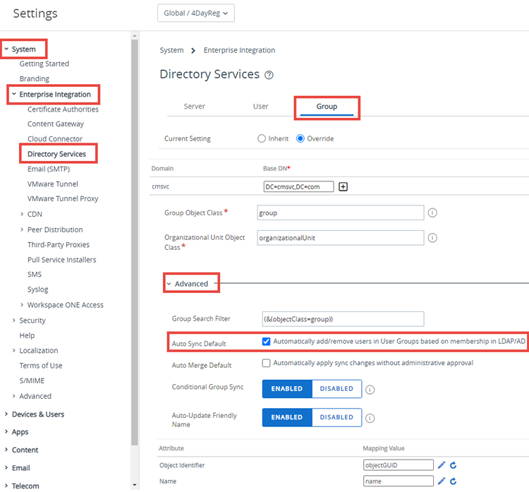 This screenshot shows the Directory Service system settings page in System - Enterprise Integration, which lets you remove users from user groups based on their directory service group membership.