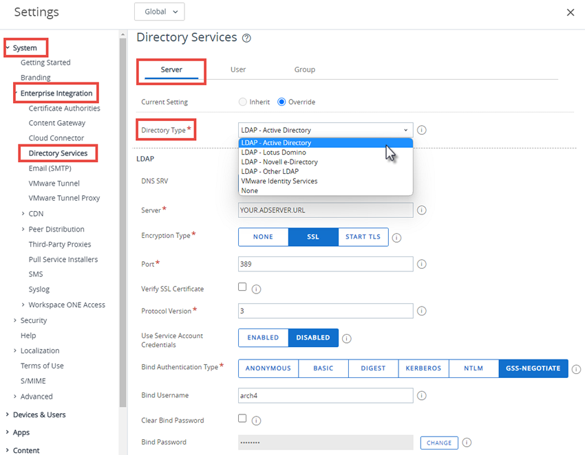 This screenshot shows the Directory Service system settings in System, Enterprise Integration, which enables you to configure directory services settings manually.